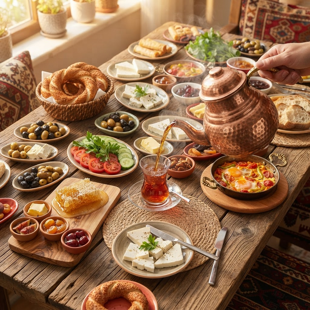 Zeytin, peynir, simit ve çayla hazırlanmış geleneksel Türk kahvaltısı